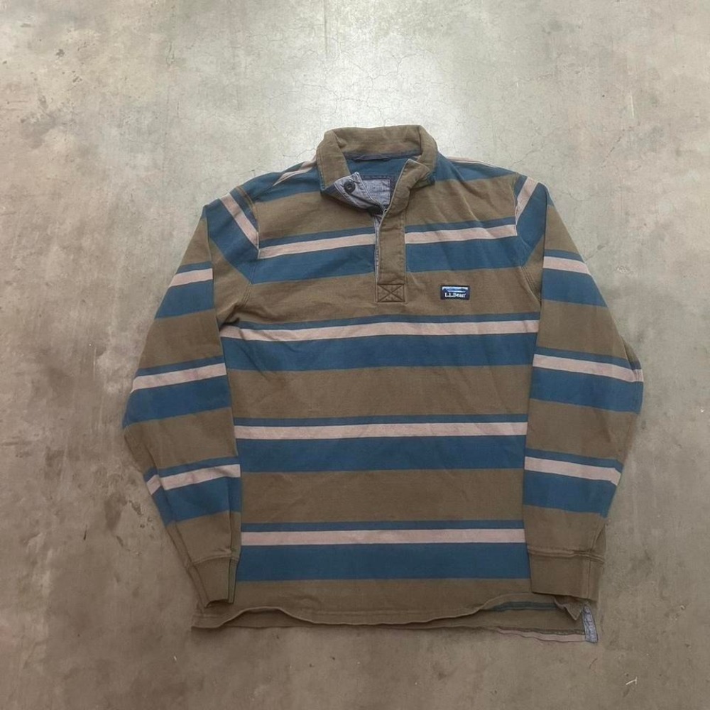 L.L. Bean Men's Long Sleeve Rugby Shirt in Blue, Tan, Cream Stripe